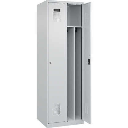 Evolo PLUS clean and dirty clothes locker, narrow, 2 compartments, shortened centre divider, light grey, W 600 mm, with floor glides, cylinder lock.