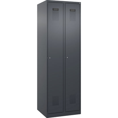 Evolo PLUS clean and dirty clothes locker, narrow, 2 compartments, shortened centre divider, grey, W 600 mm, with floor glides, cylinder lock.