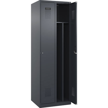 Evolo PLUS clean and dirty clothes locker, narrow, 2 compartments, shortened centre divider, grey, W 600 mm, with floor glides, cylinder lock.