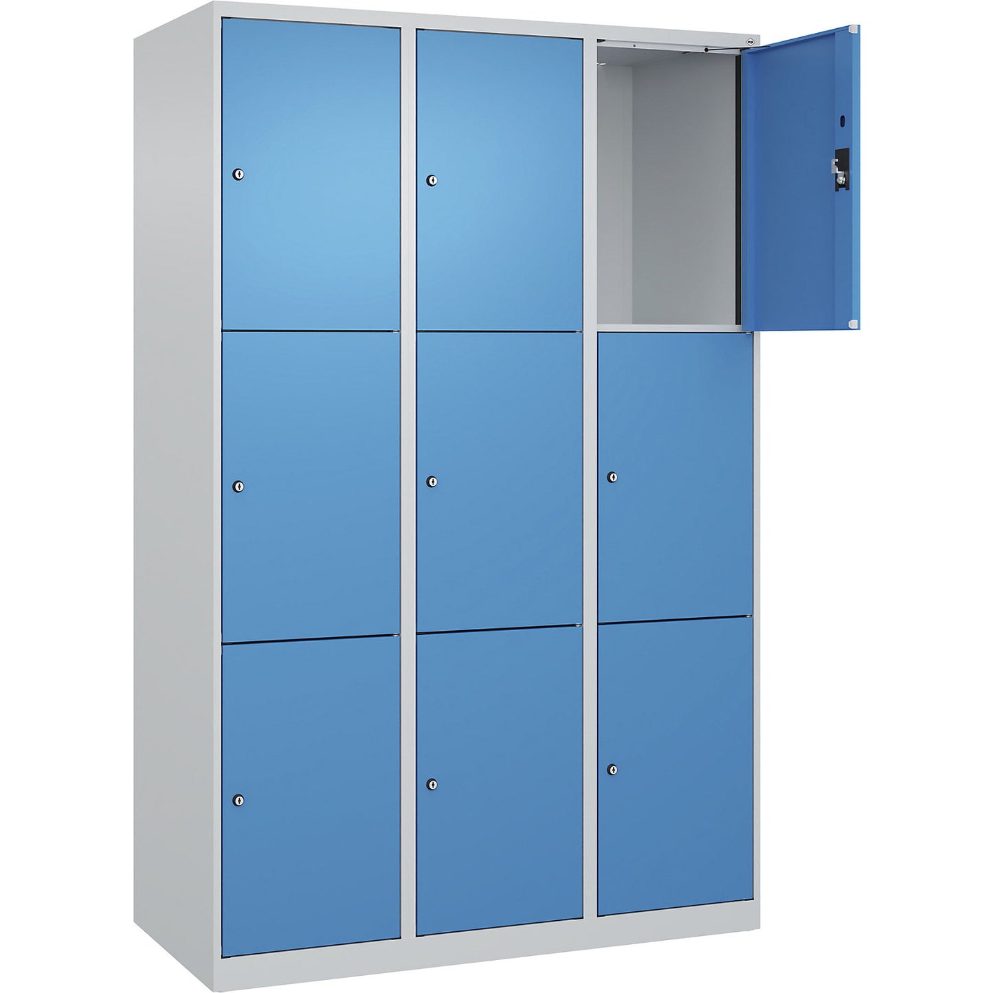 Evolo PLUS 3-fold compartment locker, 3 compartments, light grey / light blue, W 1200 mm, 9 compartments, with floor glides, cylinder lock.