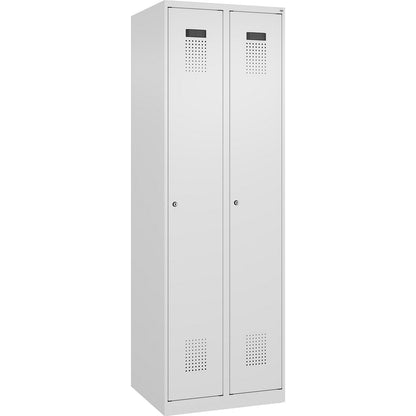 Evolo PLUS clean and dirty clothes locker, narrow, 2 compartments, shortened centre divider, white, W 600 mm, with floor glides, cylinder lock.