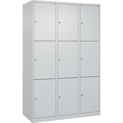 Evolo PLUS 3-fold compartment locker, 3 compartments, light grey, W 1200 mm, 9 compartments, with floor glides, cylinder lock.