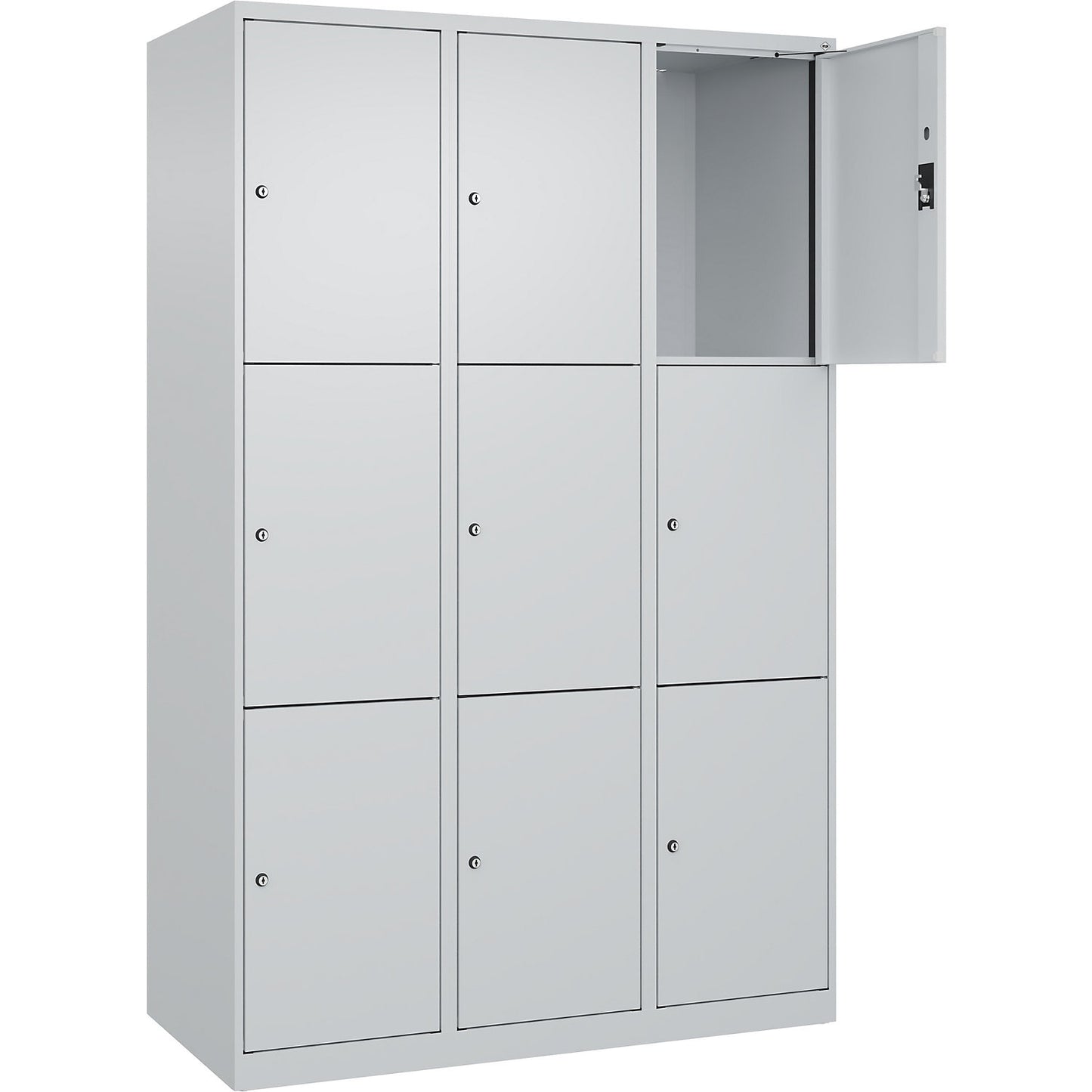 Evolo PLUS 3-fold compartment locker, 3 compartments, light grey, W 1200 mm, 9 compartments, with floor glides, cylinder lock.