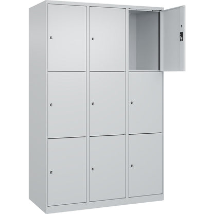 Evolo PLUS 3-fold compartment locker, 3 compartments, light grey, W 1200 mm, 9 compartments, with floor glides, cylinder lock.
