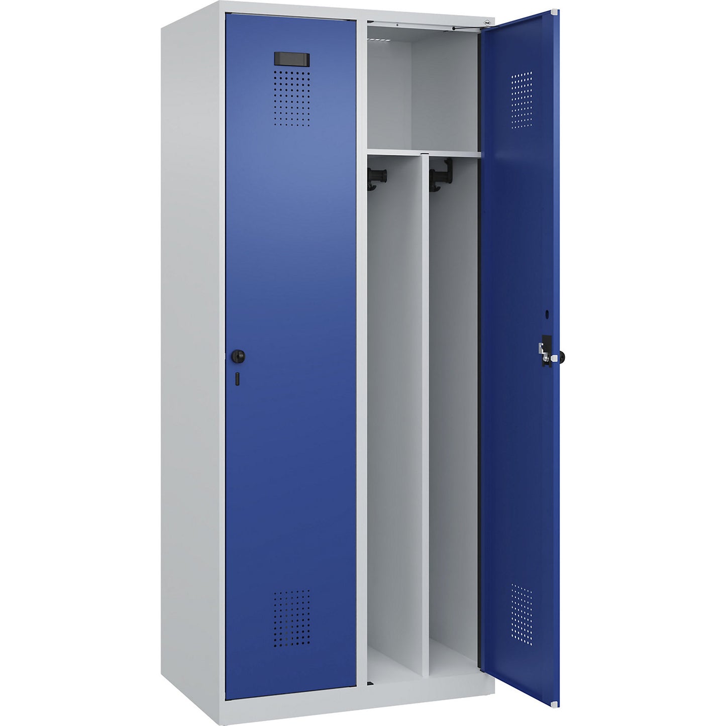 Evolo PLUS clean and dirty clothes locker, narrow, 2 compartments, shortened centre divider, light grey / gentian blue, W 800 mm, with floor glides, security rotary bolt.