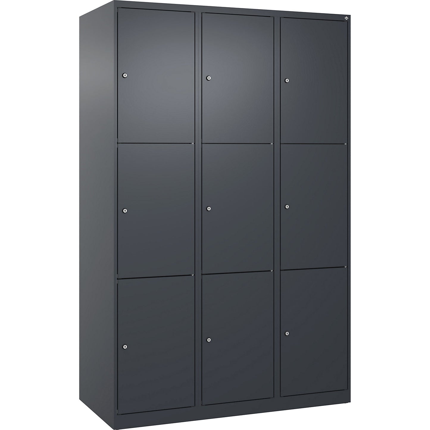 Evolo PLUS 3-fold compartment locker, 3 compartments, grey, W 1200 mm, 9 compartments, with floor glides, cylinder lock.