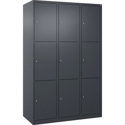 Evolo PLUS 3-fold compartment locker, 3 compartments, grey, W 1200 mm, 9 compartments, with floor glides, cylinder lock.