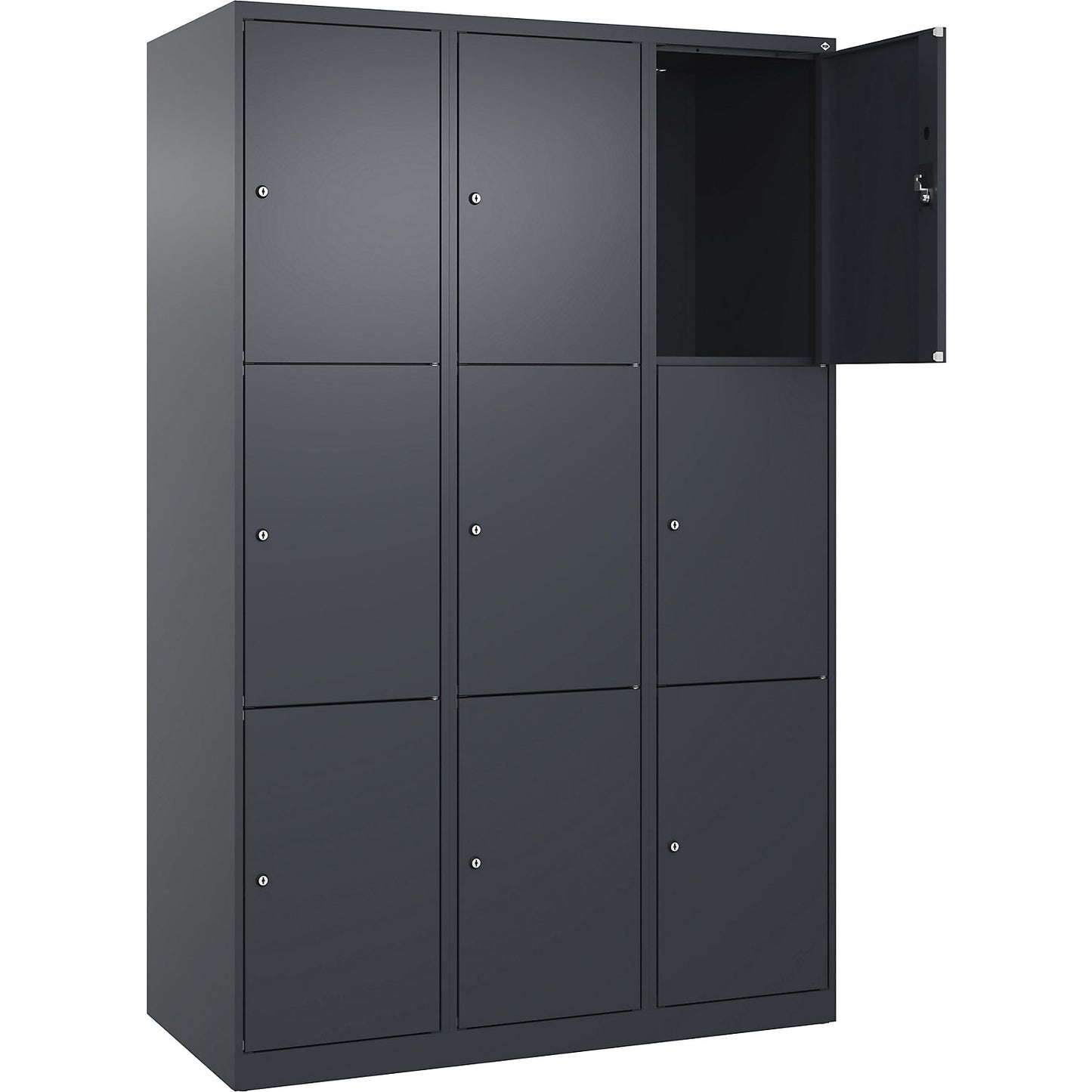 Evolo PLUS 3-fold compartment locker, 3 compartments, grey, W 1200 mm, 9 compartments, with floor glides, cylinder lock.