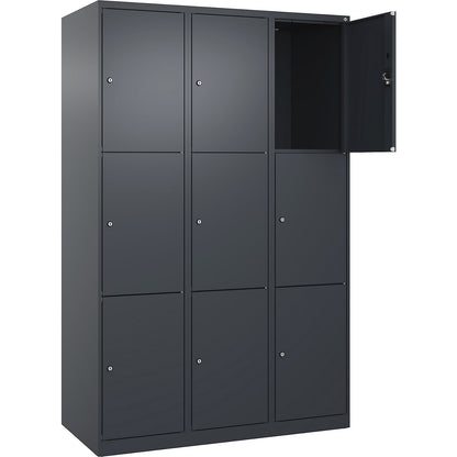 Evolo PLUS 3-fold compartment locker, 3 compartments, grey, W 1200 mm, 9 compartments, with floor glides, cylinder lock.