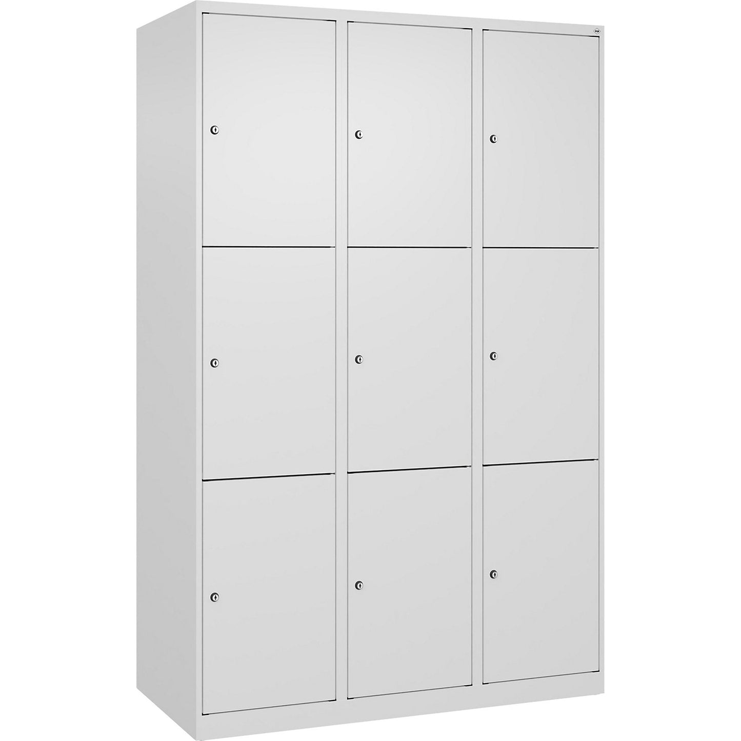 Evolo PLUS 3-fold compartment locker, 3 compartments, white, W 1200 mm, 9 compartments, with floor glides, cylinder lock.