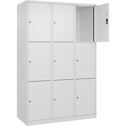 Evolo PLUS 3-fold compartment locker, 3 compartments, white, W 1200 mm, 9 compartments, with floor glides, cylinder lock.