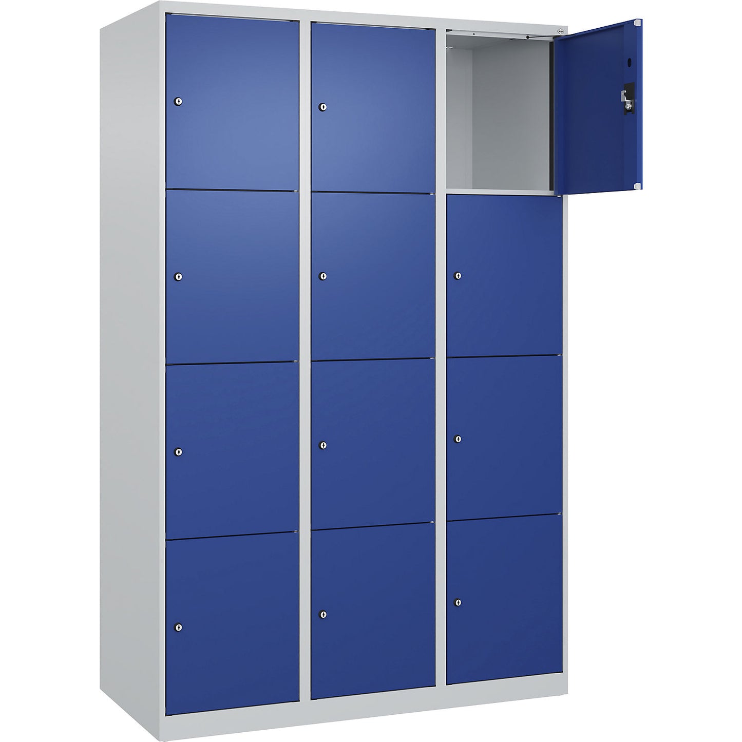 Evolo PLUS 4-fold compartment locker, 3 compartments, light grey / gentian blue, W 1200 mm, 12 compartments, with floor glides, cylinder lock.