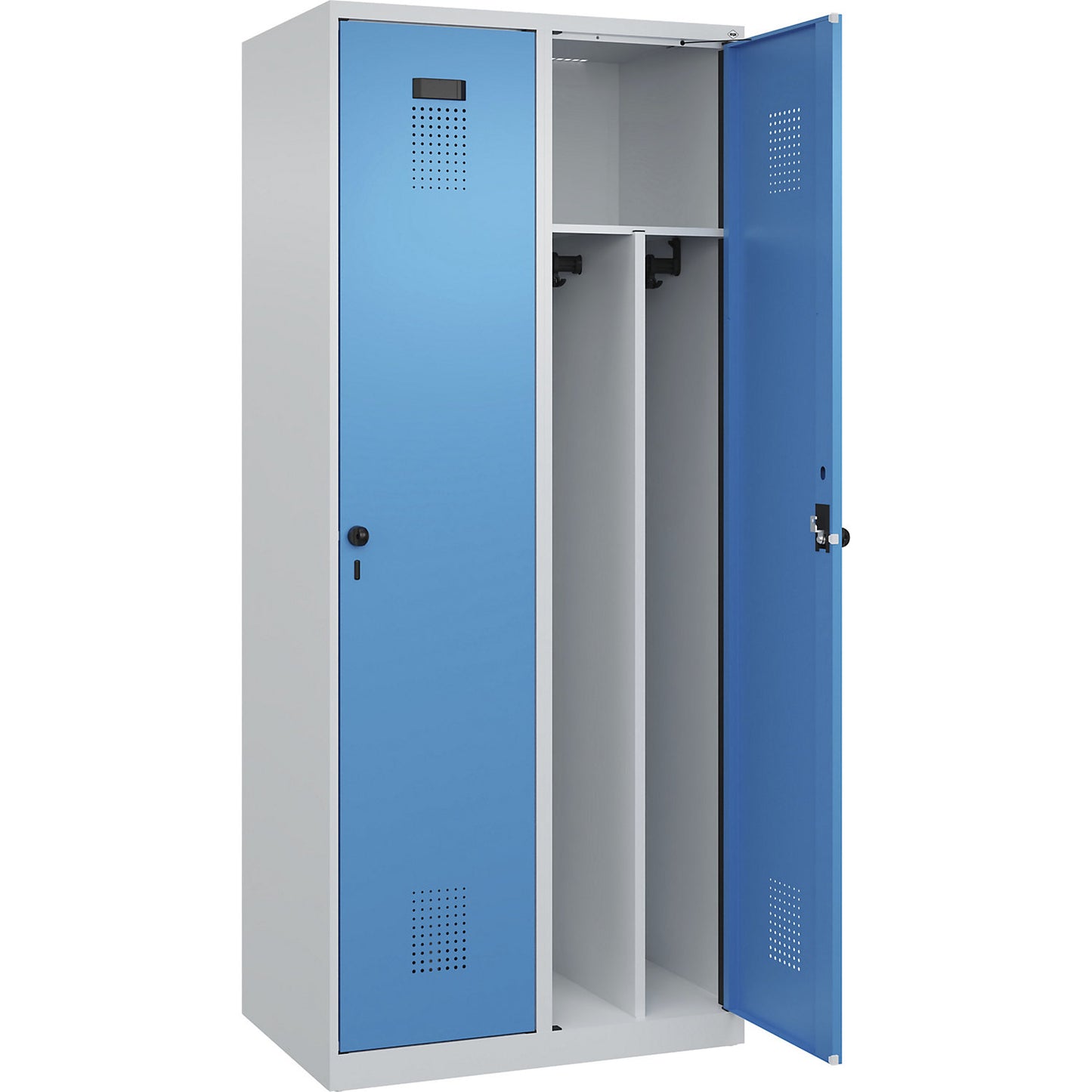 Evolo PLUS clean and dirty clothes locker, narrow, 2 compartments, shortened centre divider, light grey / light blue, W 800 mm, with floor glides, security rotary bolt.