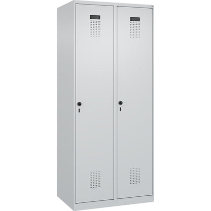 Evolo PLUS clean and dirty clothes locker, narrow, 2 compartments, shortened centre divider, light grey, W 800 mm, with floor glides, security rotary bolt.