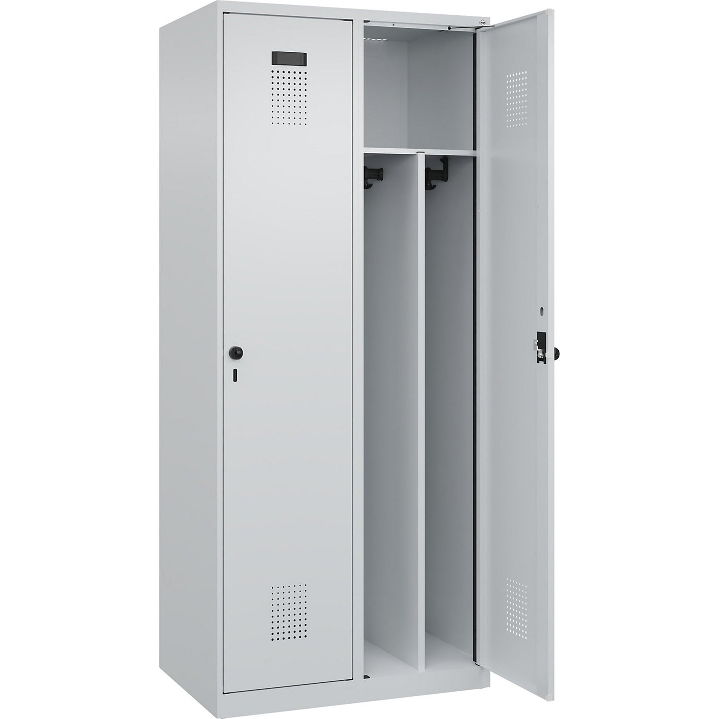 Evolo PLUS clean and dirty clothes locker, narrow, 2 compartments, shortened centre divider, light grey, W 800 mm, with floor glides, security rotary bolt.
