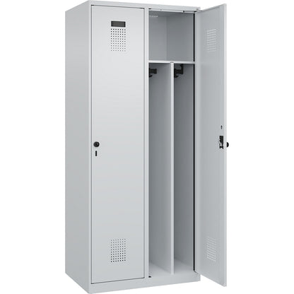 Evolo PLUS clean and dirty clothes locker, narrow, 2 compartments, shortened centre divider, light grey, W 800 mm, with floor glides, security rotary bolt.