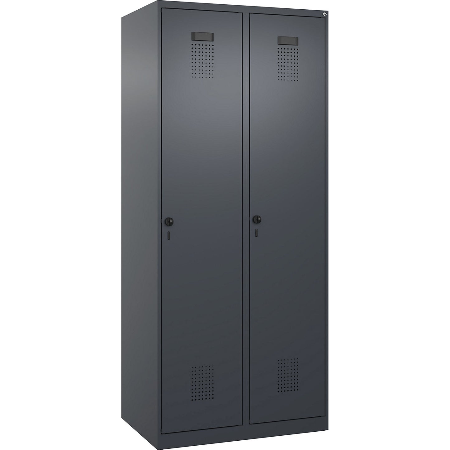 Evolo PLUS clean and dirty clothes locker, narrow, 2 compartments, shortened centre divider, grey, W 800 mm, with floor glides, security rotary bolt.