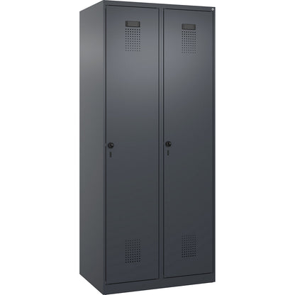 Evolo PLUS clean and dirty clothes locker, narrow, 2 compartments, shortened centre divider, grey, W 800 mm, with floor glides, security rotary bolt.