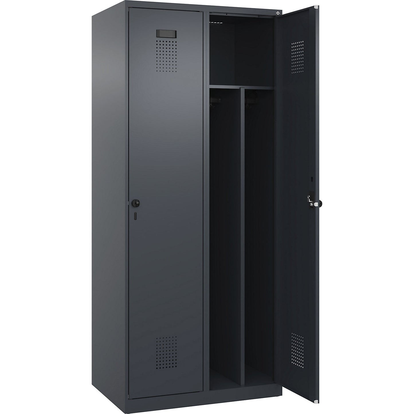Evolo PLUS clean and dirty clothes locker, narrow, 2 compartments, shortened centre divider, grey, W 800 mm, with floor glides, security rotary bolt.