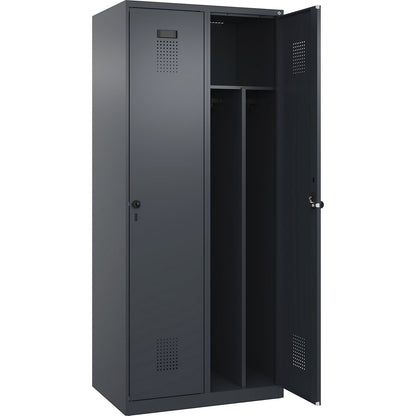 Evolo PLUS clean and dirty clothes locker, narrow, 2 compartments, shortened centre divider, grey, W 800 mm, with floor glides, security rotary bolt.