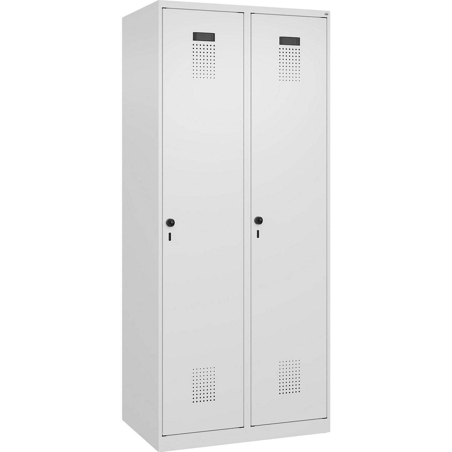 Evolo PLUS clean and dirty clothes locker, narrow, 2 compartments, shortened centre divider, white, W 800 mm, with floor glides, security rotary bolt.