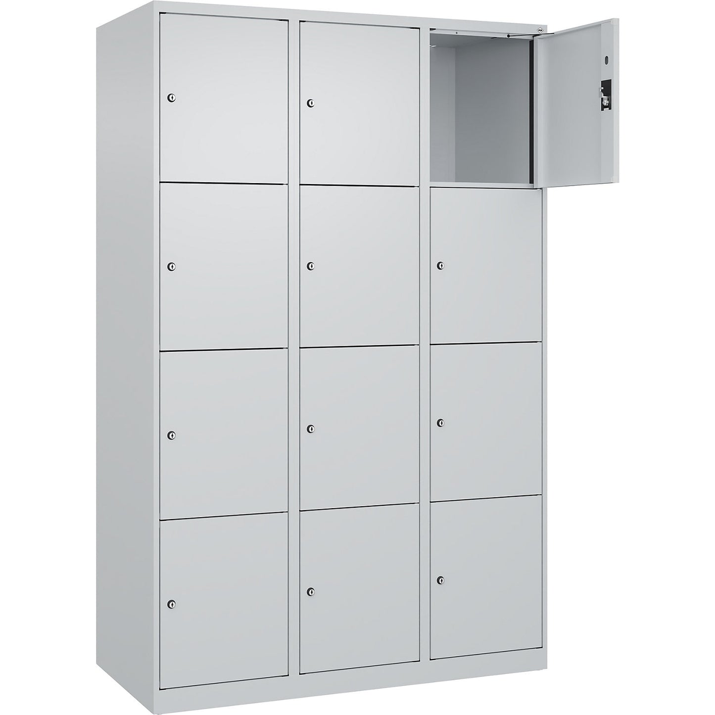 Evolo PLUS 4-fold compartment locker, 3 compartments, light grey, W 1200 mm, 12 compartments, with floor glides, cylinder lock.