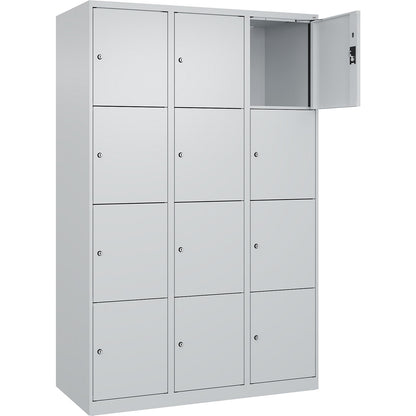 Evolo PLUS 4-fold compartment locker, 3 compartments, light grey, W 1200 mm, 12 compartments, with floor glides, cylinder lock.