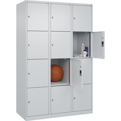 Evolo PLUS 4-fold compartment locker, 3 compartments, light grey, W 1200 mm, 12 compartments, with floor glides, cylinder lock.