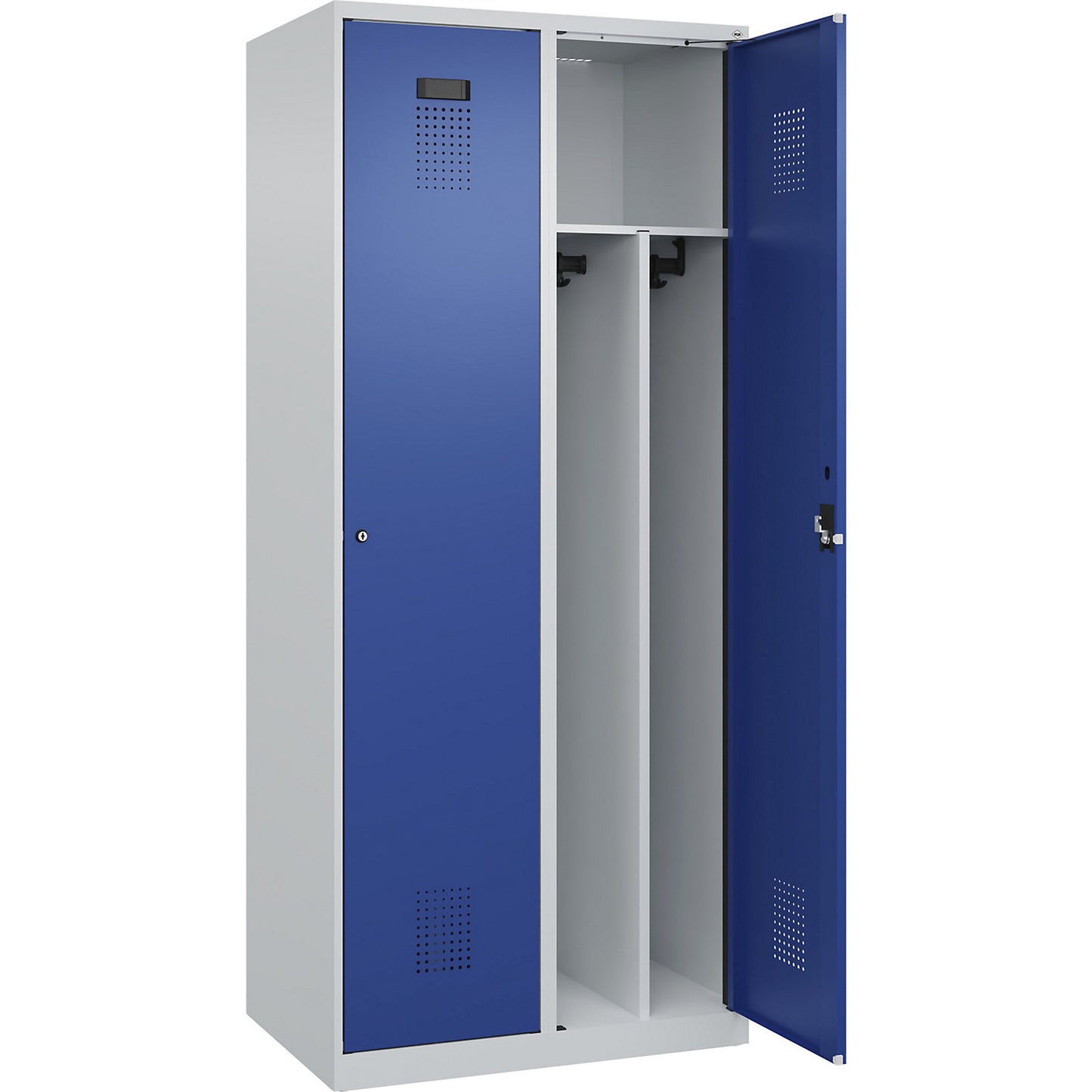 Evolo PLUS clean and dirty clothes locker, narrow, 2 compartments, shortened centre divider, light grey / gentian blue, W 800 mm, with floor glides, cylinder lock.