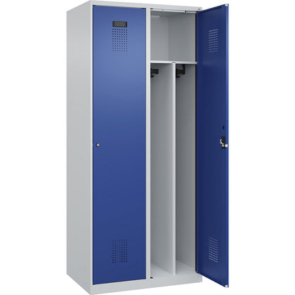 Evolo PLUS clean and dirty clothes locker, narrow, 2 compartments, shortened centre divider, light grey / gentian blue, W 800 mm, with floor glides, cylinder lock.