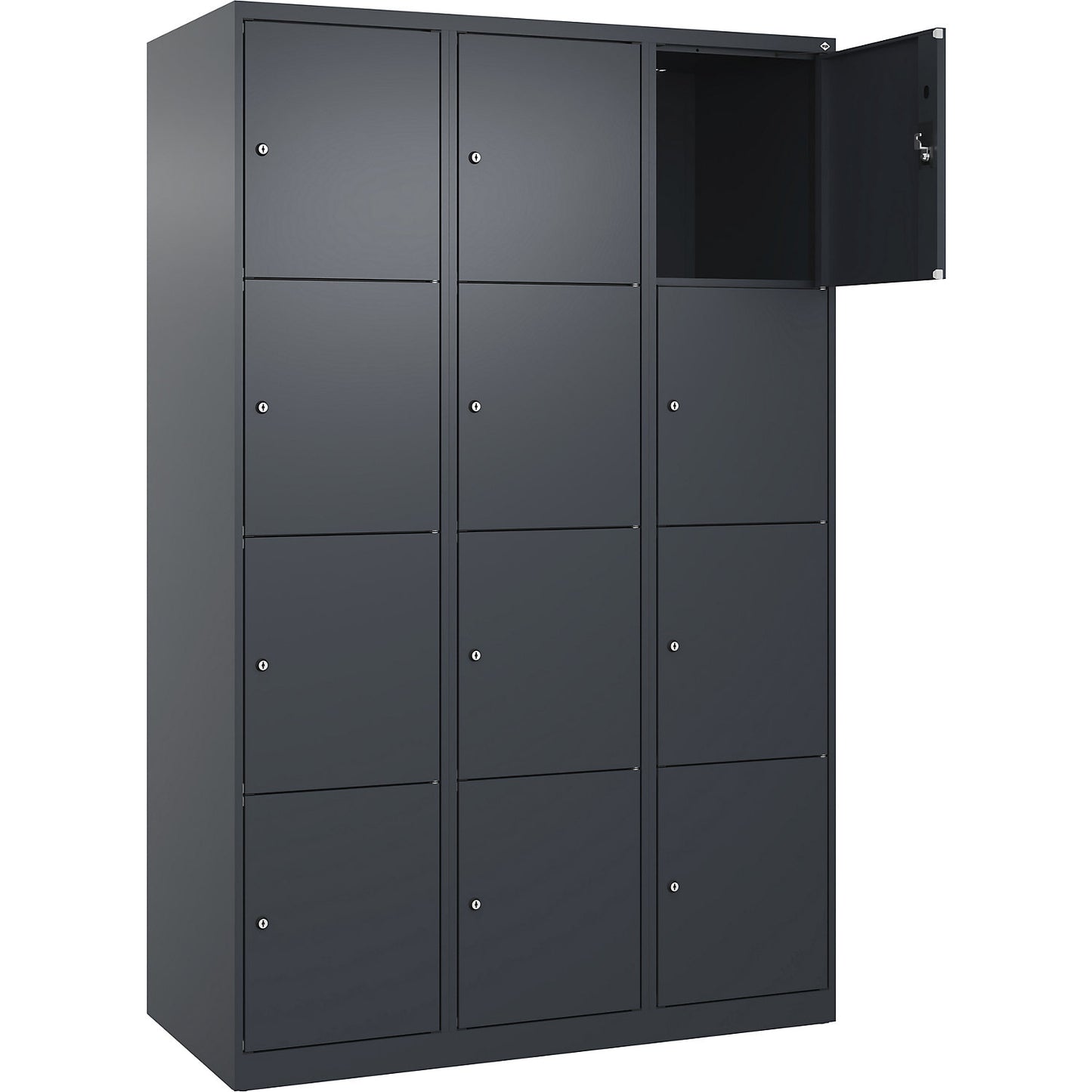 Evolo PLUS 4-fold compartment locker, 3 compartments, grey, W 1200 mm, 12 compartments, with floor glides, cylinder lock.
