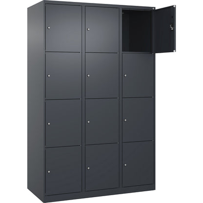 Evolo PLUS 4-fold compartment locker, 3 compartments, grey, W 1200 mm, 12 compartments, with floor glides, cylinder lock.