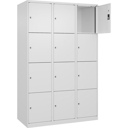 Evolo PLUS 4-fold compartment locker, 3 compartments, white, W 1200 mm, 12 compartments, with floor glides, cylinder lock.