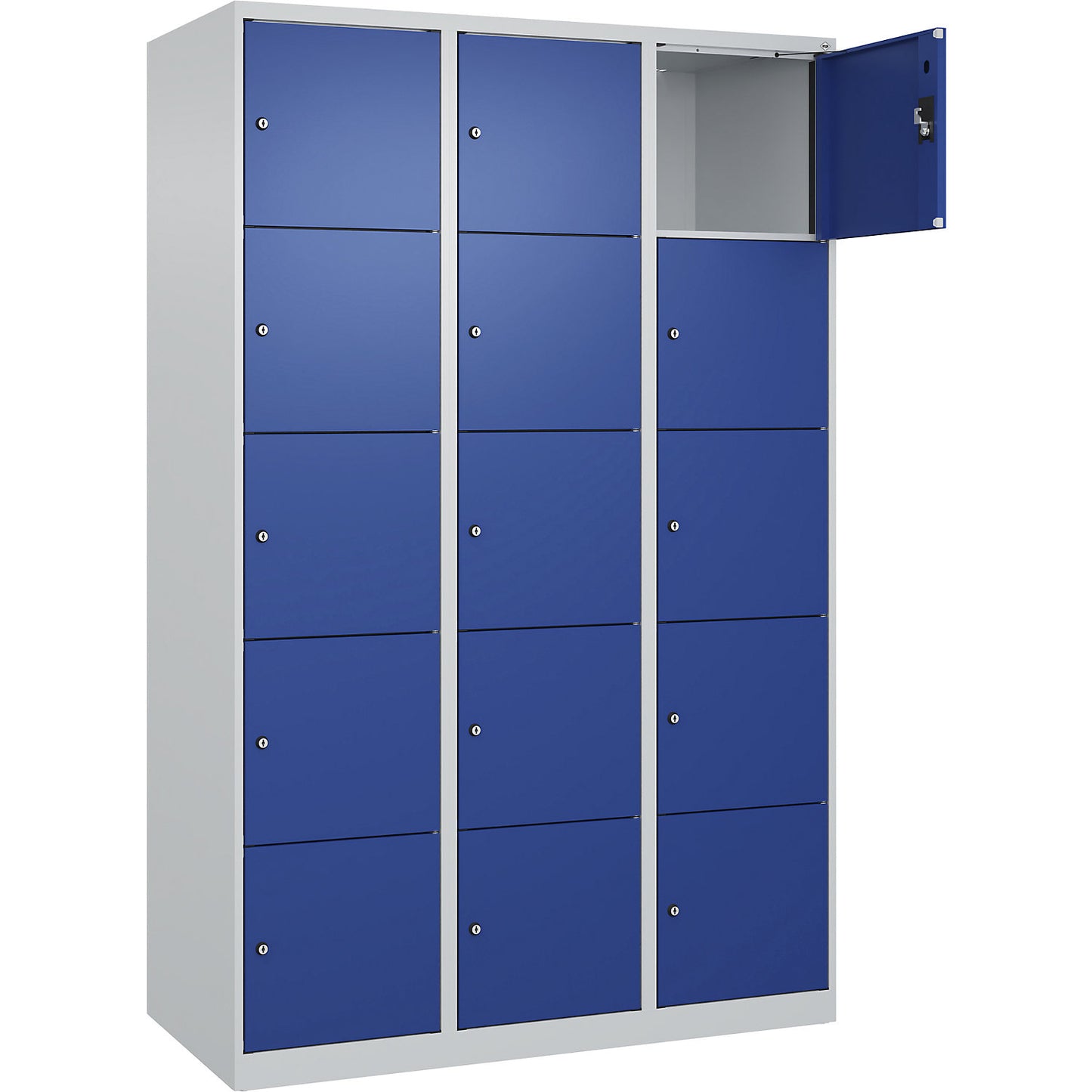 Evolo PLUS 5-fold compartment locker, 3 compartments, light grey / gentian blue, W 1200 mm, 15 compartments, with floor glides, cylinder lock.