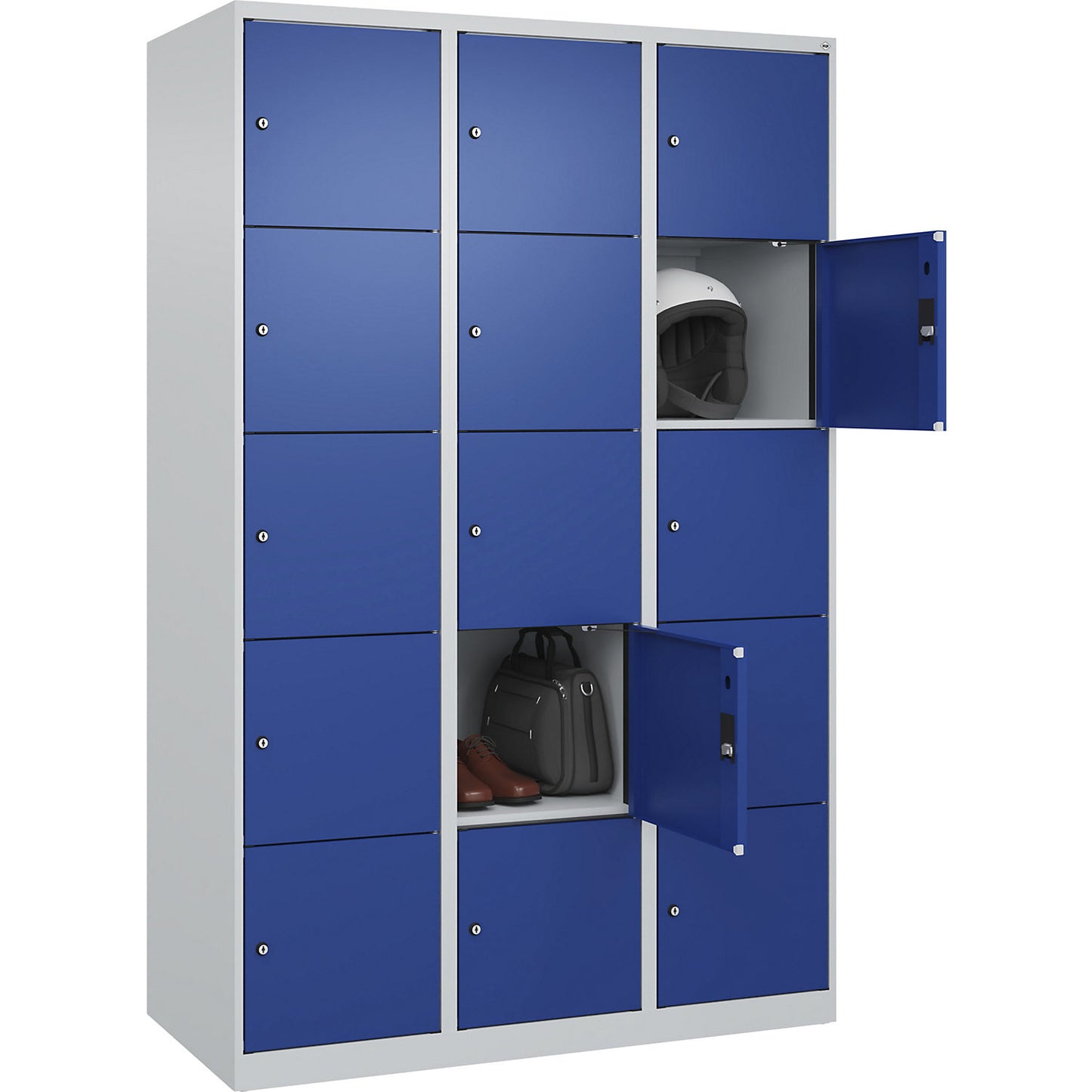 Evolo PLUS 5-fold compartment locker, 3 compartments, light grey / gentian blue, W 1200 mm, 15 compartments, with floor glides, cylinder lock.