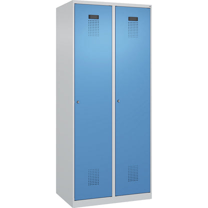 Evolo PLUS clean and dirty clothes locker, narrow, 2 compartments, shortened centre divider, light grey / light blue, W 800 mm, with floor glides, cylinder lock.