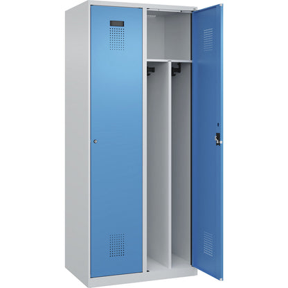 Evolo PLUS clean and dirty clothes locker, narrow, 2 compartments, shortened centre divider, light grey / light blue, W 800 mm, with floor glides, cylinder lock.