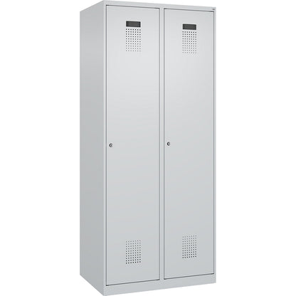 Evolo PLUS clean and dirty clothes locker, narrow, 2 compartments, shortened centre divider, light grey, W 800 mm, with floor glides, cylinder lock.
