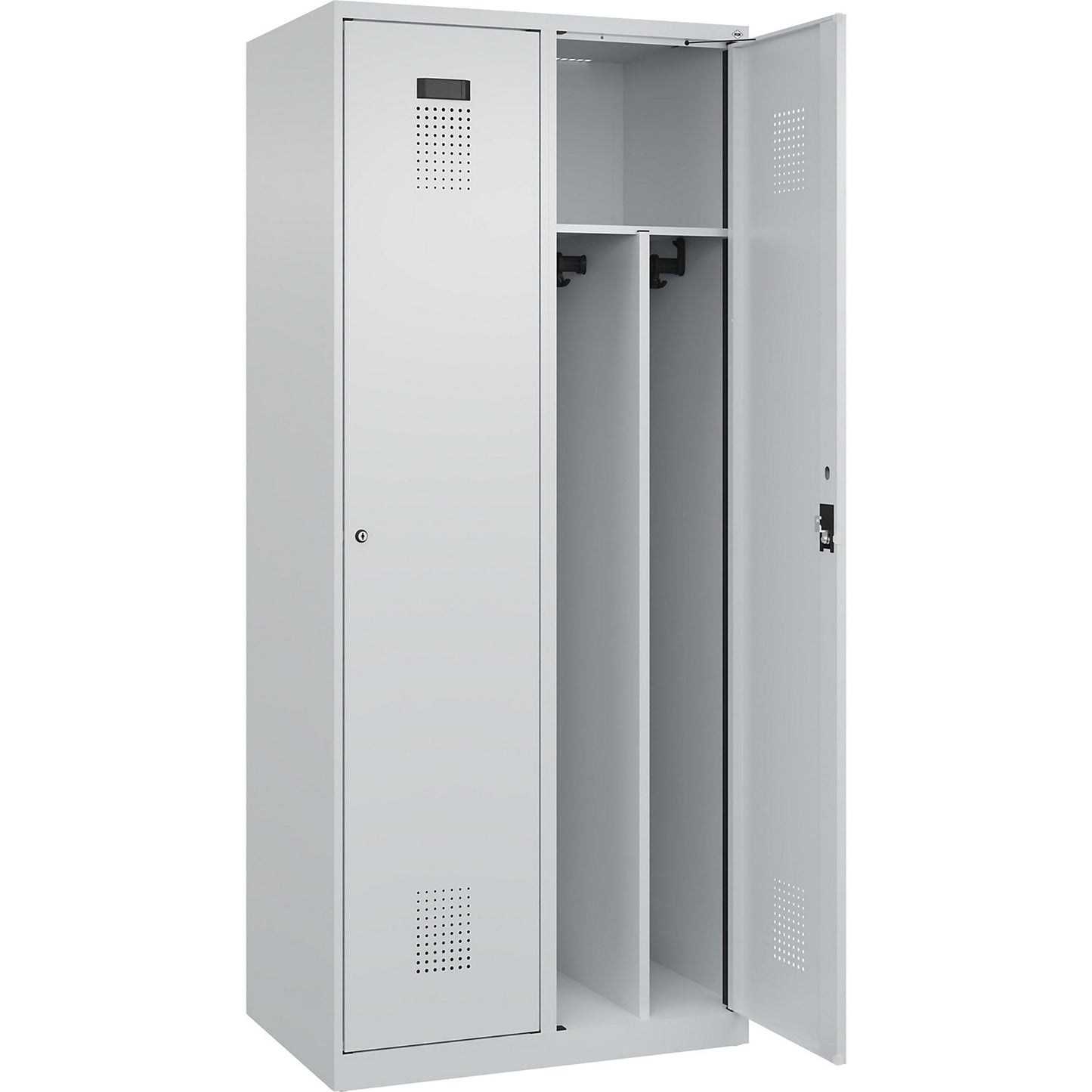 Evolo PLUS clean and dirty clothes locker, narrow, 2 compartments, shortened centre divider, light grey, W 800 mm, with floor glides, cylinder lock.
