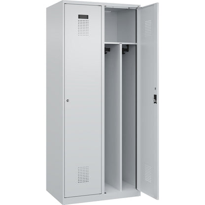 Evolo PLUS clean and dirty clothes locker, narrow, 2 compartments, shortened centre divider, light grey, W 800 mm, with floor glides, cylinder lock.