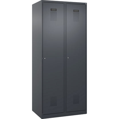 Evolo PLUS clean and dirty clothes locker, narrow, 2 compartments, shortened centre divider, grey, W 800 mm, with floor glides, cylinder lock.