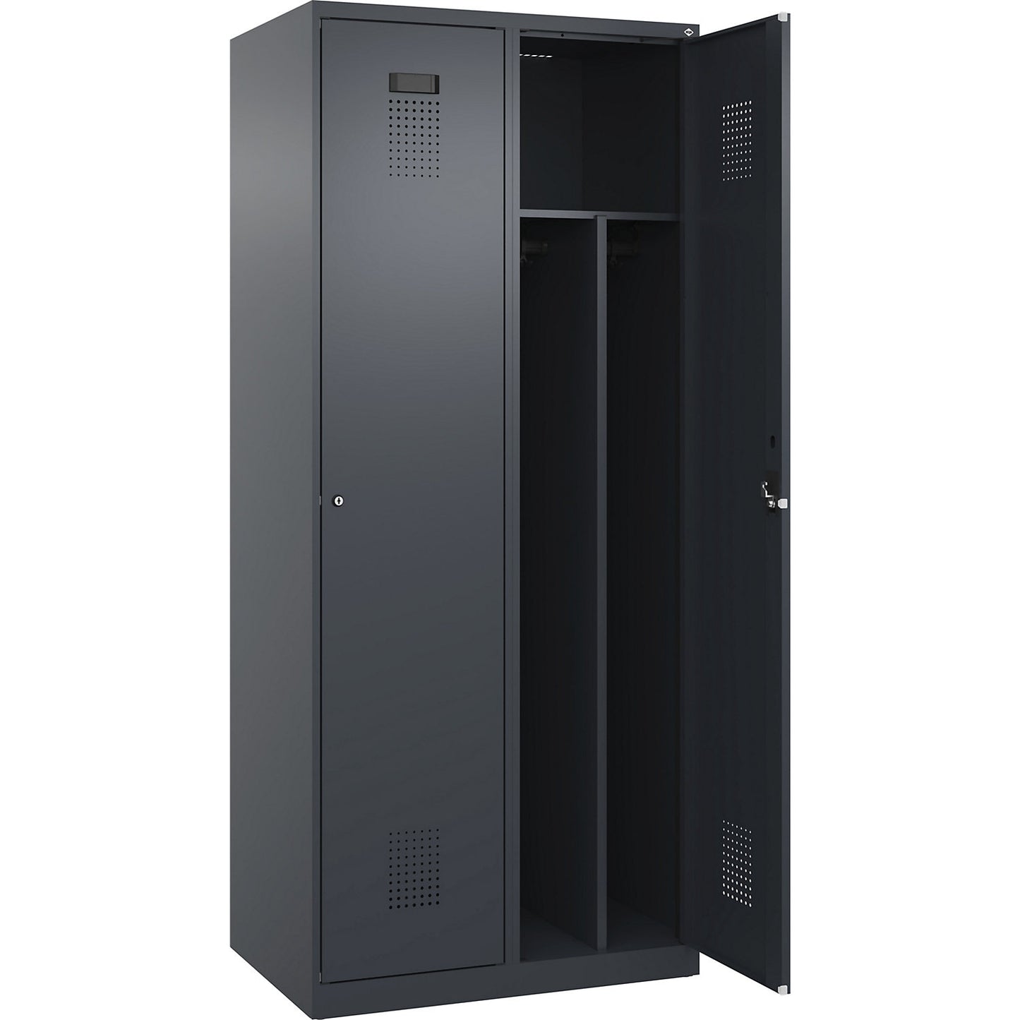 Evolo PLUS clean and dirty clothes locker, narrow, 2 compartments, shortened centre divider, grey, W 800 mm, with floor glides, cylinder lock.