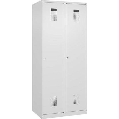 Evolo PLUS clean and dirty clothes locker, narrow, 2 compartments, shortened centre divider, white, W 800 mm, with floor glides, cylinder lock.