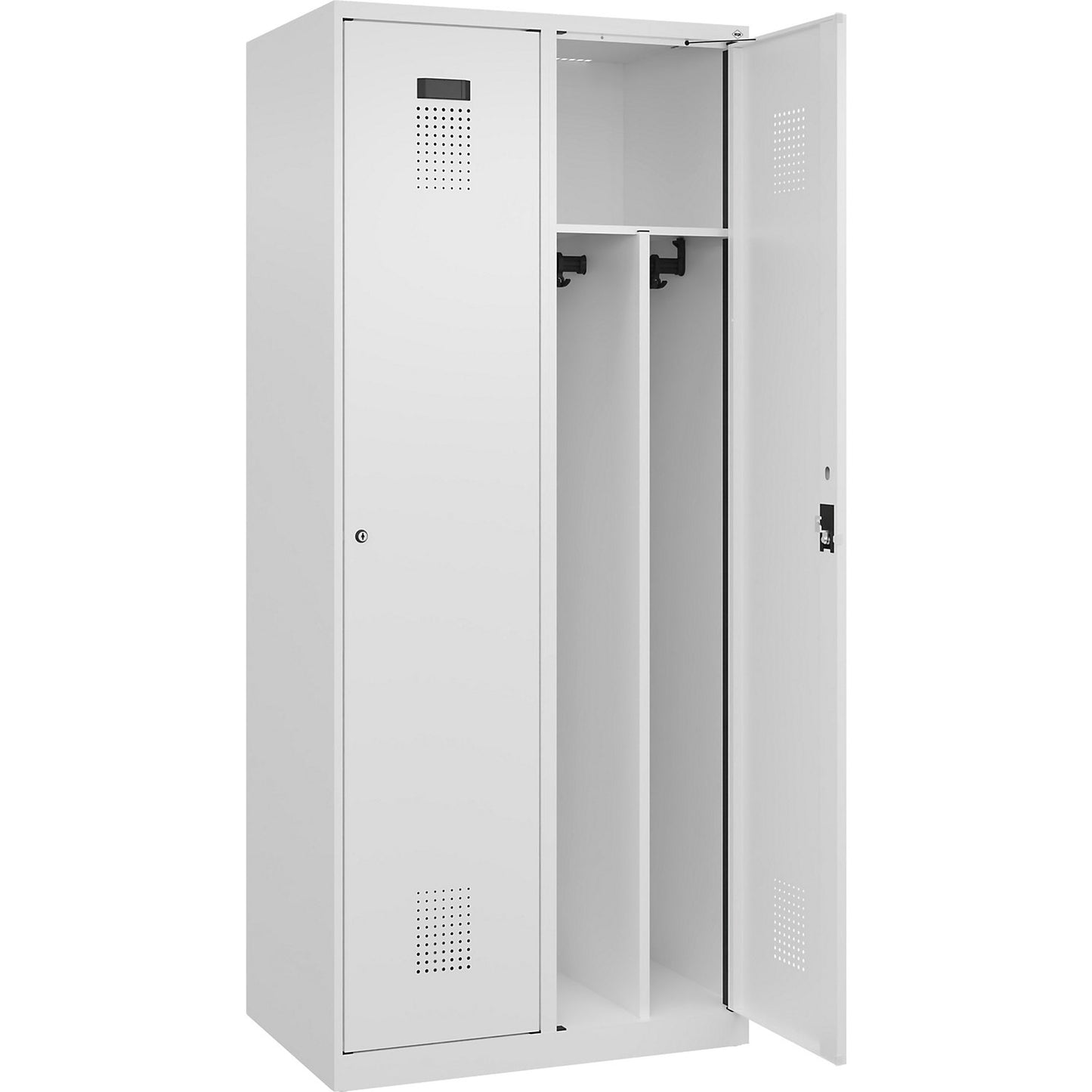 Evolo PLUS clean and dirty clothes locker, narrow, 2 compartments, shortened centre divider, white, W 800 mm, with floor glides, cylinder lock.