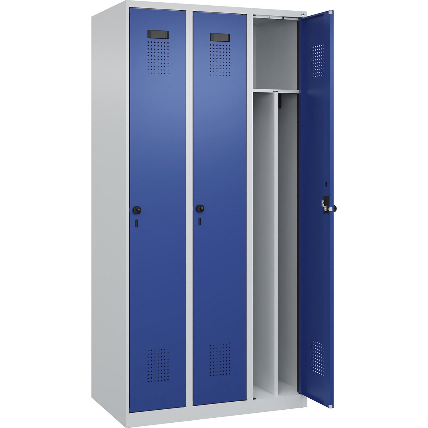 Evolo PLUS clean and dirty clothes locker, narrow, 3 compartments, shortened centre divider, light grey / gentian blue, W 900 mm, with floor glides, security rotary bolt.