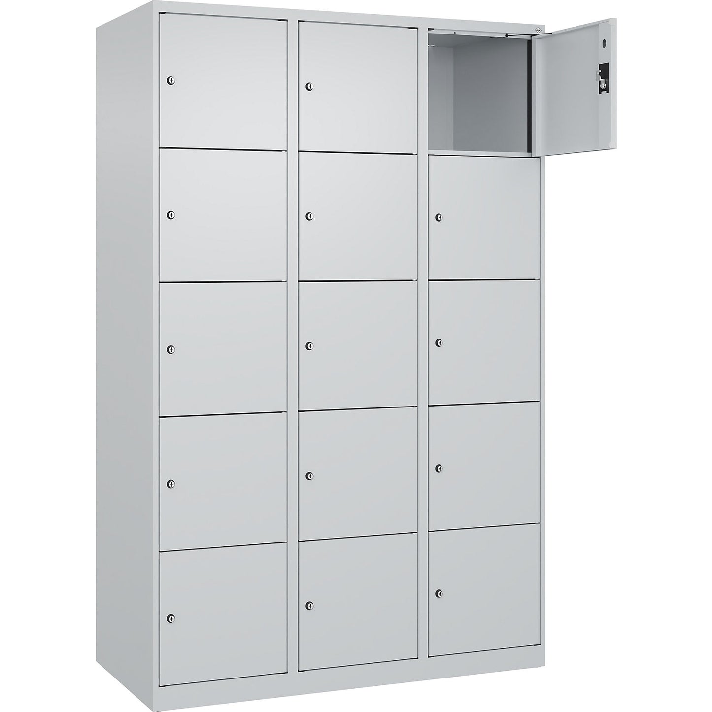 Evolo PLUS 5-fold compartment locker, 3 compartments, light grey, W 1200 mm, 15 compartments, with floor glides, cylinder lock.