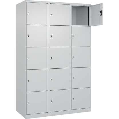 Evolo PLUS 5-fold compartment locker, 3 compartments, light grey, W 1200 mm, 15 compartments, with floor glides, cylinder lock.