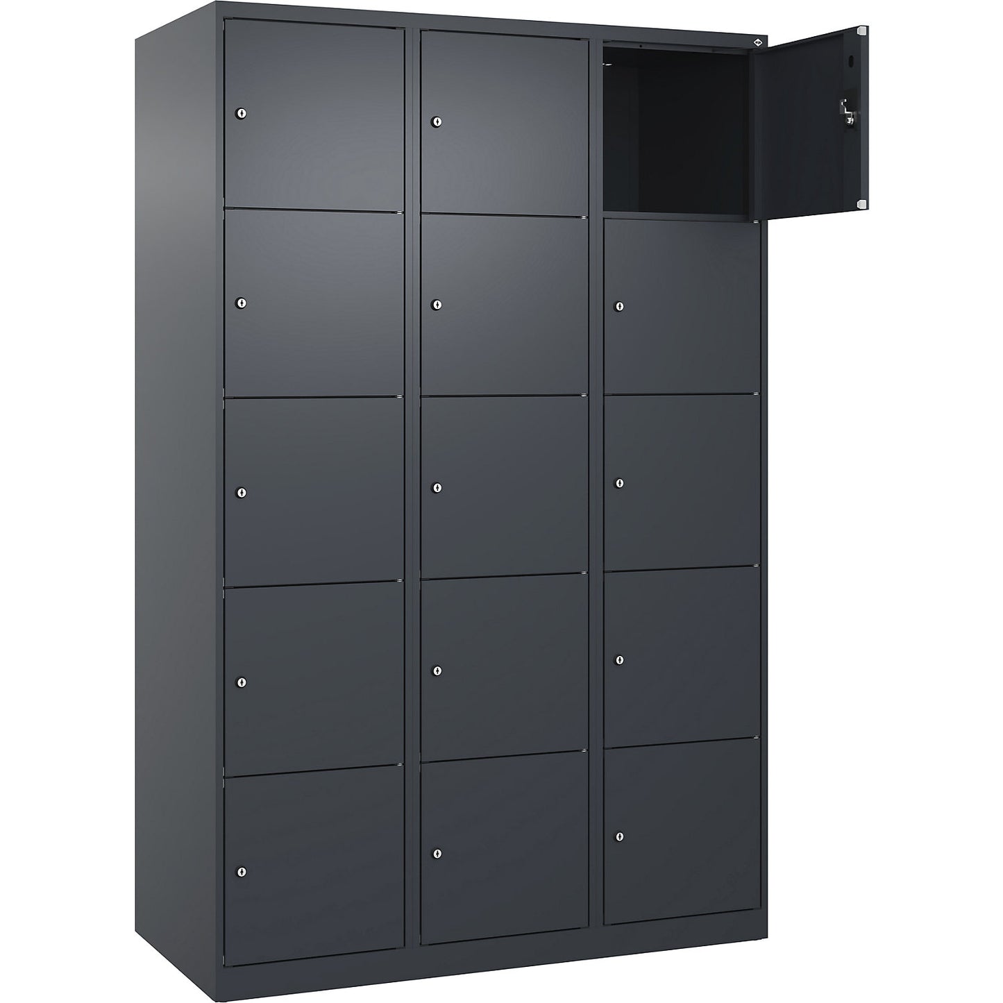 Evolo PLUS 5-fold compartment locker, 3 compartments, grey, W 1200 mm, 15 compartments, with floor glides, cylinder lock.