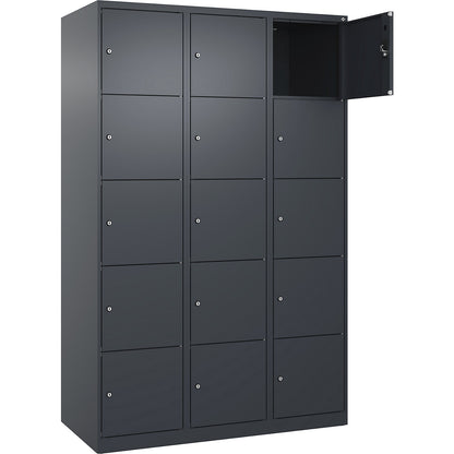 Evolo PLUS 5-fold compartment locker, 3 compartments, grey, W 1200 mm, 15 compartments, with floor glides, cylinder lock.
