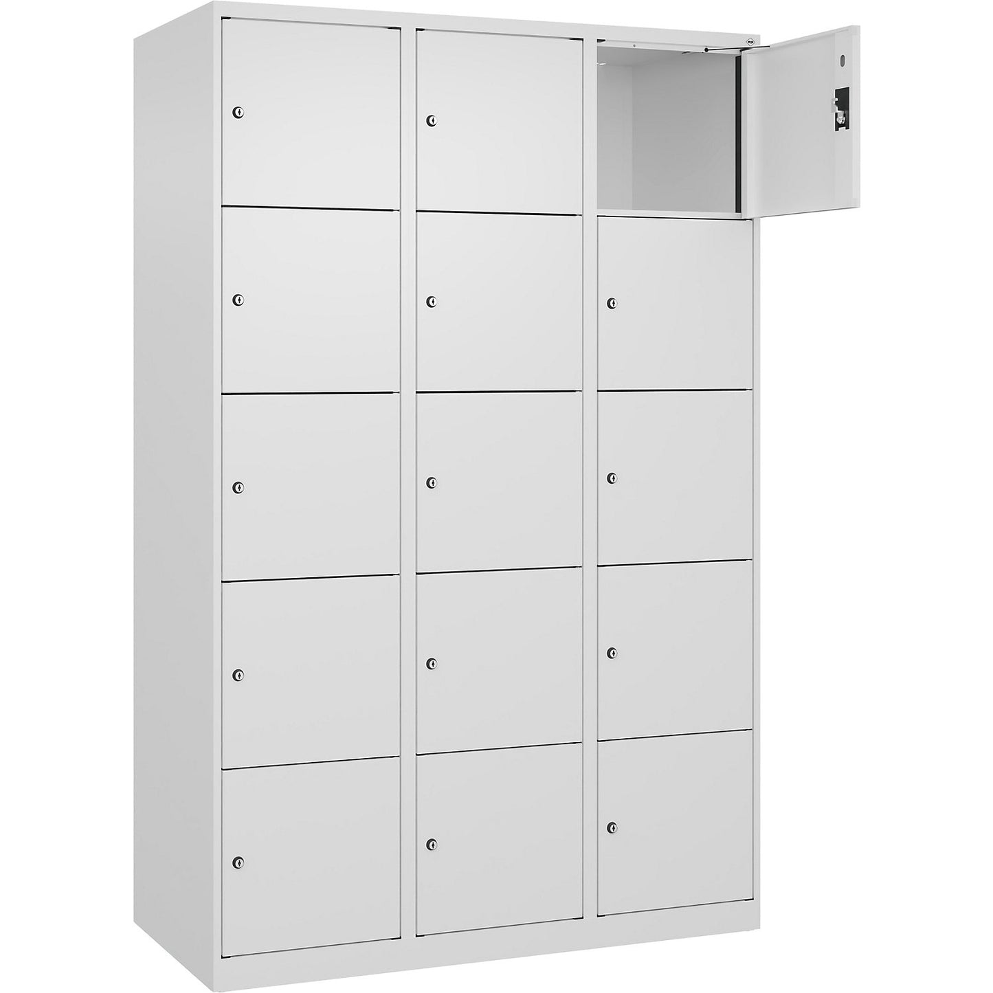 Evolo PLUS 5-fold compartment locker, 3 compartments, white, W 1200 mm, 15 compartments, with floor glides, cylinder lock.